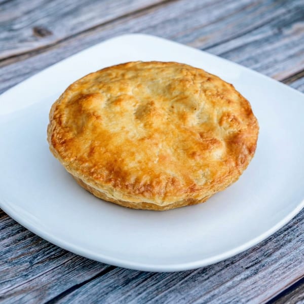 Golden-brown savory pie on a white square plate, set against a rustic wooden table.