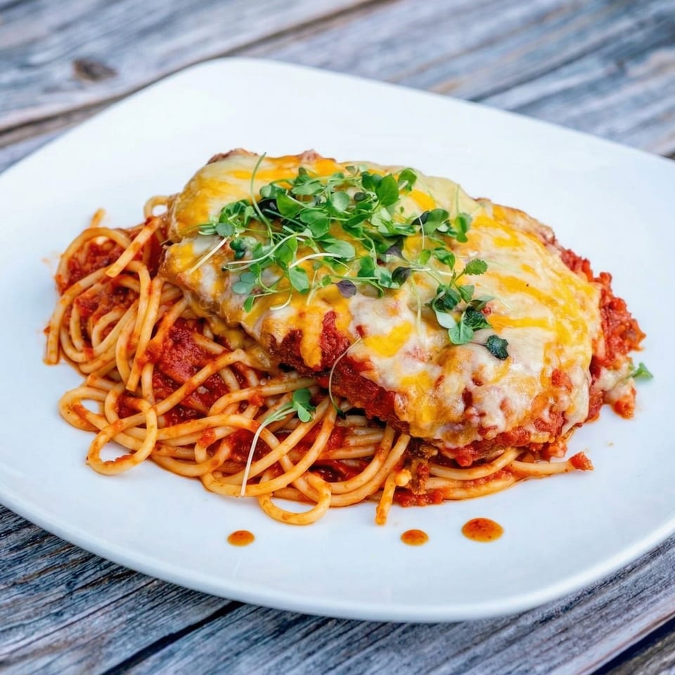 Chicken parmesan with spaghetti and tomato sauce, topped with melted cheese and microgreens on a white plate.