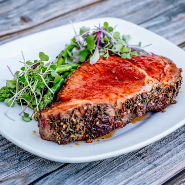Herb-crusted prime rib steak with a rich red sauce, served with fresh microgreens and asparagus.