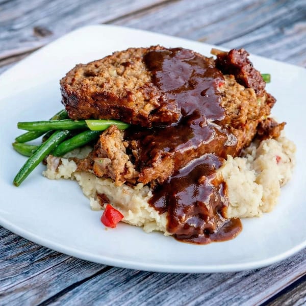 Meatloaf with gravy, mashed potatoes, and green beans on a white plate on a wooden table.